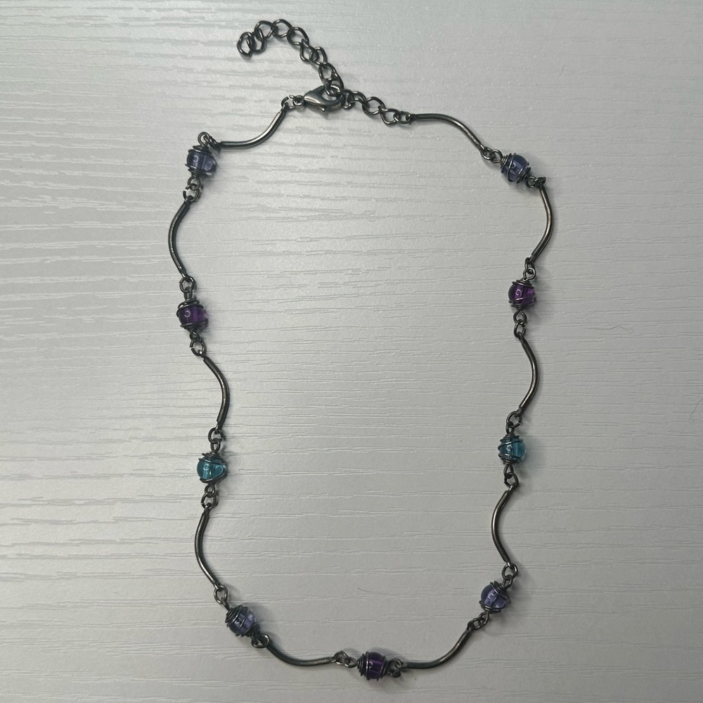 Silver-Tone Necklace with Purple and Blue Beads